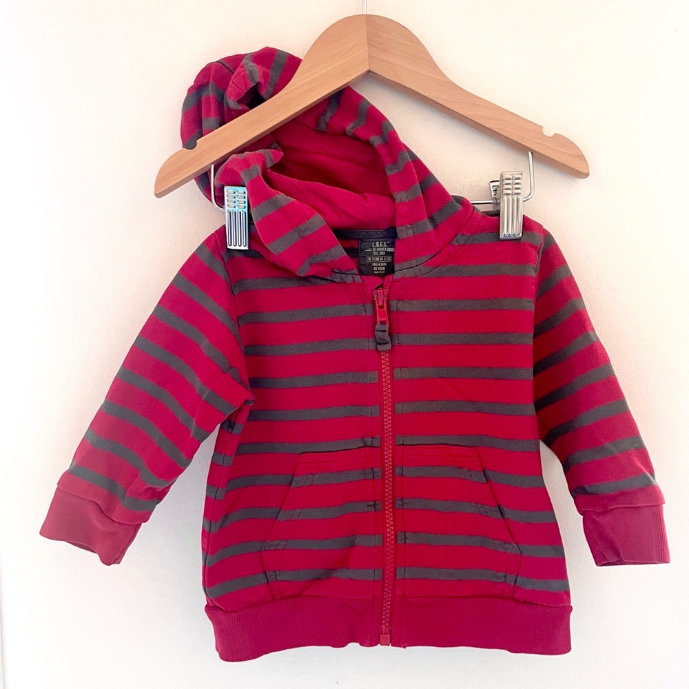 5/$21💥L.O.G.G. H&M Unisex Hoodie Sweatshirt, Full Zip Up, Red Grey Stripes